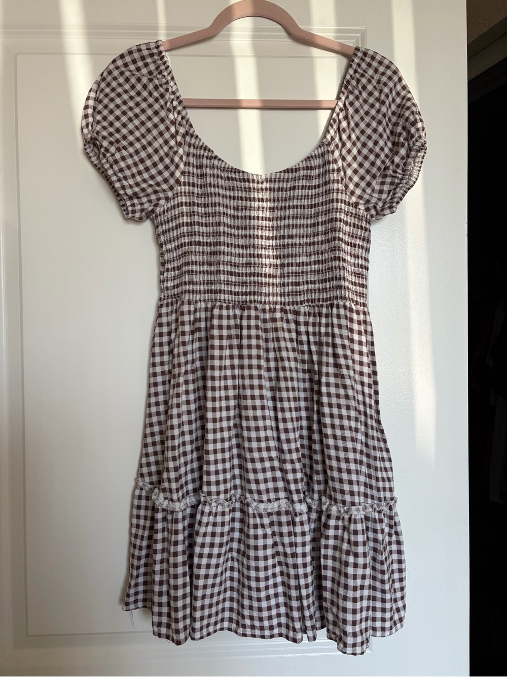 Gingham Puff Sleeve Smocked Mini Dress - Brown & White